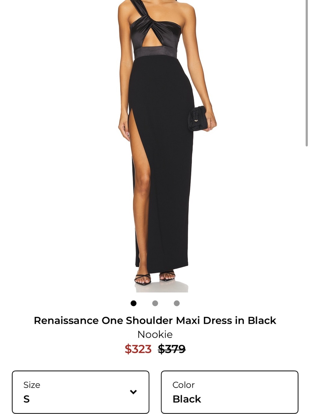 Nookie Renaissance One Shoulder Maxi Dress in Black, size small, NWT